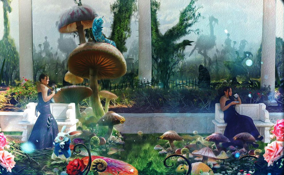 Fantasy garden with giant mushrooms and curious children exploring.