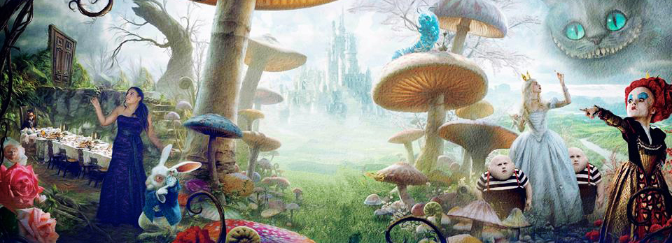 A fantasy landscape with giant mushrooms and a distant castle.