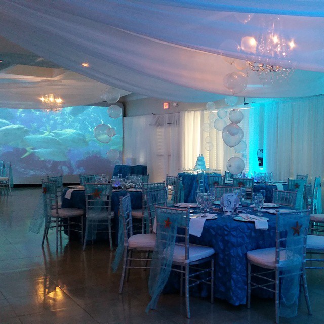 Elegant dining setup with blue lighting and ocean-themed decor.