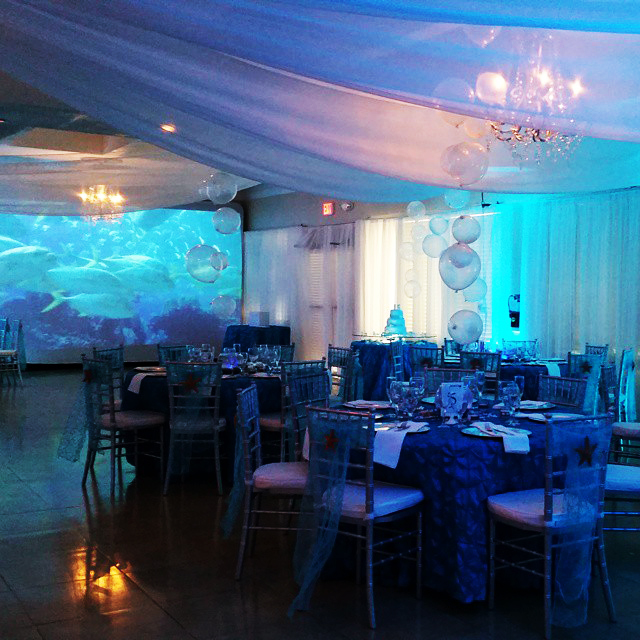 Elegant blue-themed event setup with draped ceiling and ambient lighting.